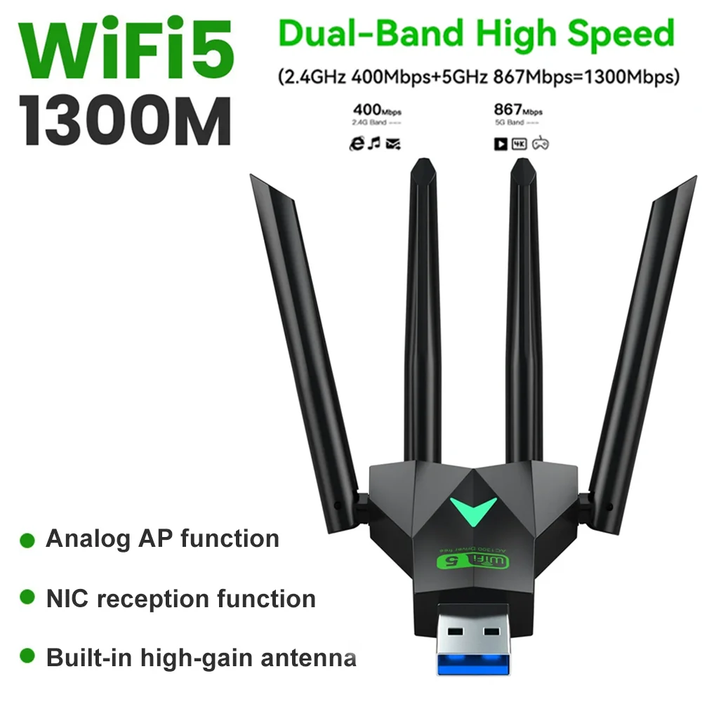 

1300Mbps WiFi5 USB Adapter Dual Band 2.4G+5Ghz Wi-Fi Dongle USB3.0 High-Speed 4-Antennas Wireless Receiver Driver Free