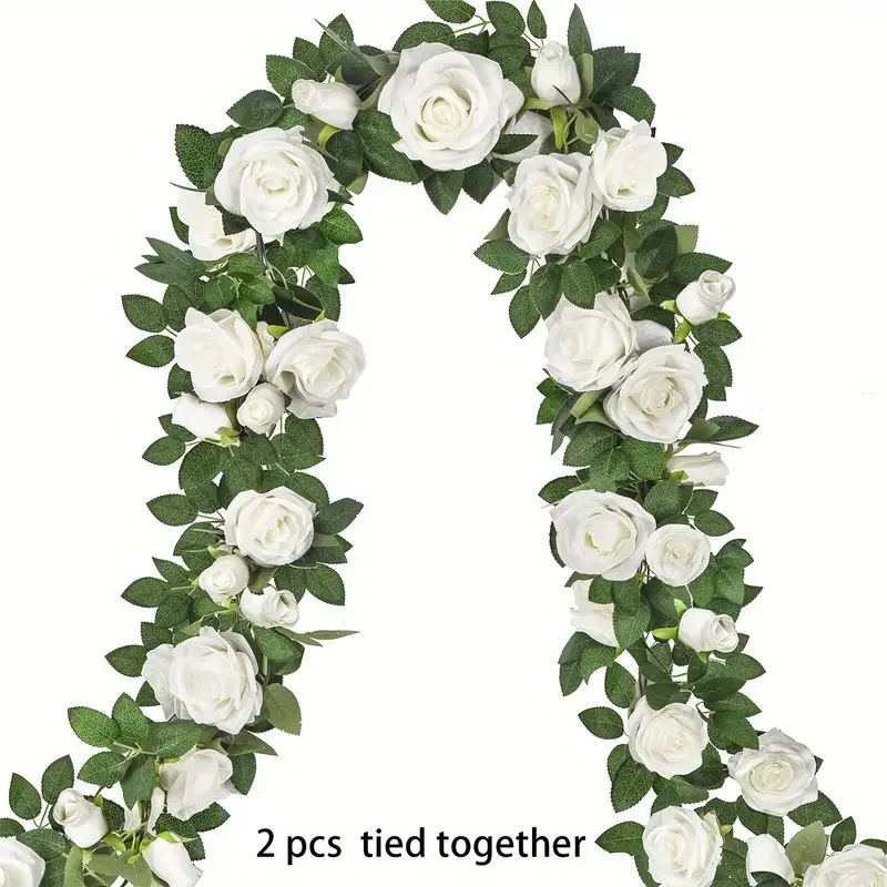 2pcs 86.61inch Artificial Garland - White Roses & Faux Ivy for Outdoor Weddings, Garden Backdrops & Christmas Decor
