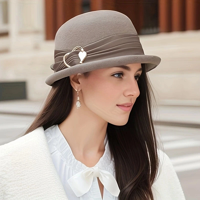 Elegant French Style Wool Bucket Hat Heart Buckle Ribbon Decor Basin Hats Warm Fedoras For Women Autumn & Winter