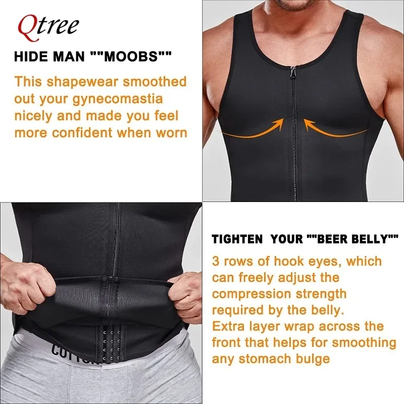 Qtree Men\'s Slimming Sauna Tank Top Body Shaper Compression Vest with Zipper Strong Back Support Undershirt Compression Corset