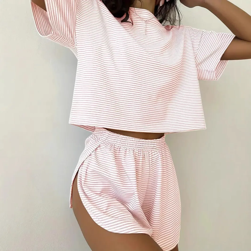 Striped Short Sleeve Top Set with Elastic Waist Shorts Japanese Korean Casual No Iron Finish Cap Sleeve Summer for Women