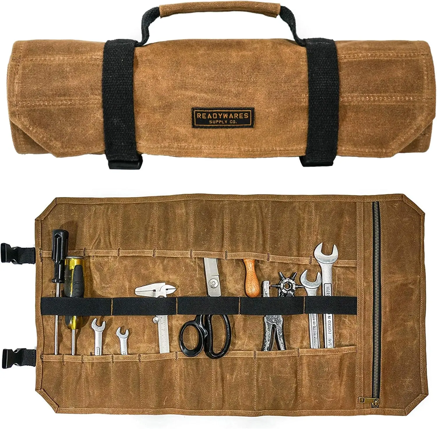 

Heavy Duty Waxed Canvas Tool Roll Bag with 18 Pockets, Adjustable Straps & YKK Zipper