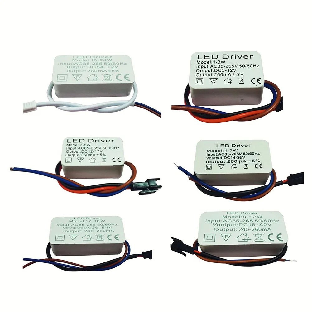 LED Driver 1-3W 3-5W 4-7W 8-12W 12-18W 18-24W Light Transformer Constant Current Driver Transformer Power Supply 260mA