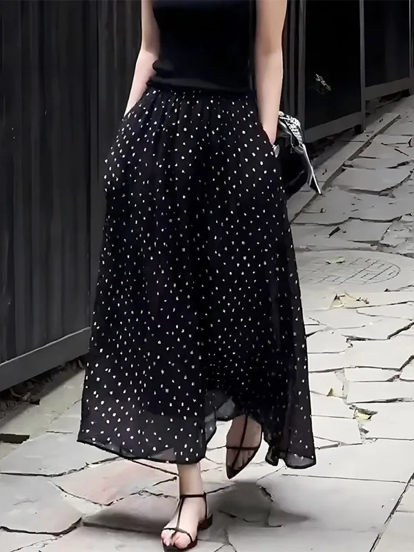 

Элегантная юбка А-силуэта из сетки в горошек с завышенной талией, летняя, новая модель, корейский стиль, для офиса, средней длины