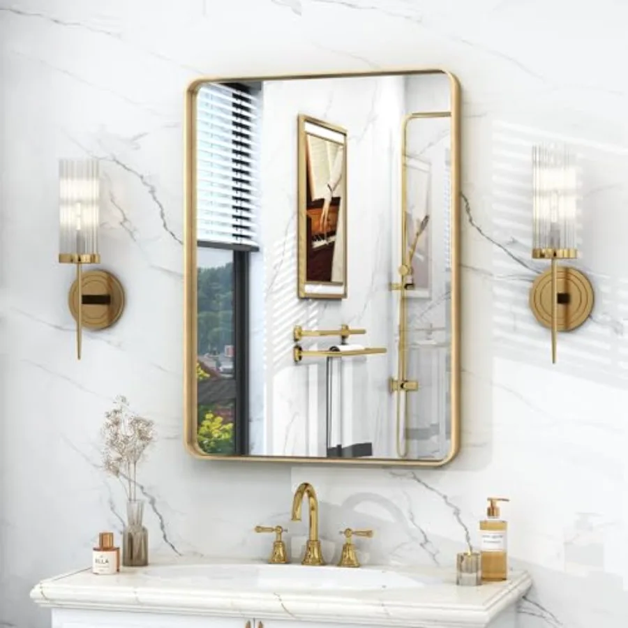 

Зеркало для ванной 20x30 дюймов в раме, прямоугольное, из матового металла, для настенного крепления, с закругленными углами, из закаленного стекла, антикоррозийное