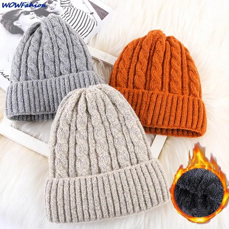 Womens Thick Warm Beanies Hats Solid Color Twist Knitted Mohair Fleece Lined Cap Outdoor Plush Windproof Bonnet Skullcap