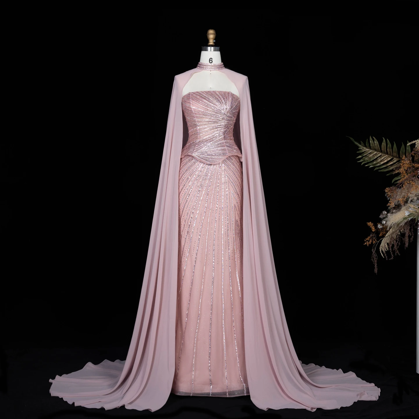 Sharon Said Luxuriöses lila Abendkleid, trägerlos, mit Kristallperlen, langer Chiffonumhang, Meerjungfrauen-Schnitt, formelles Abendkleid für besondere Anlässe, SS112 Custo – Detail 22