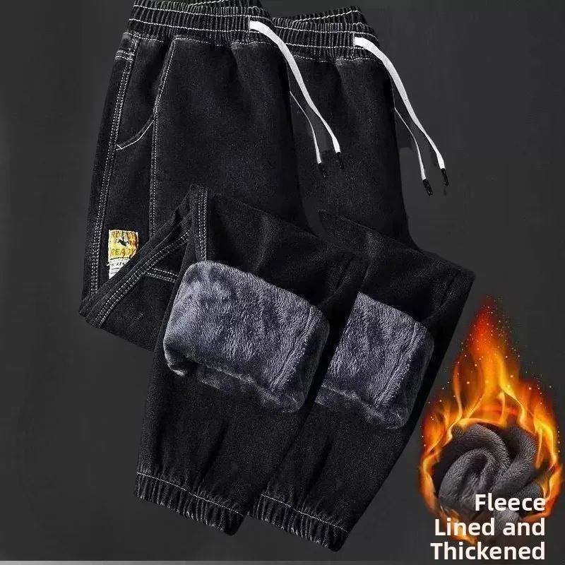 2026 New Men's Fleece Lined Thickened Vintage Denim Jeans Loose Cuffed Pants Winter Wear Resistant Stainproof Casual Trousers
