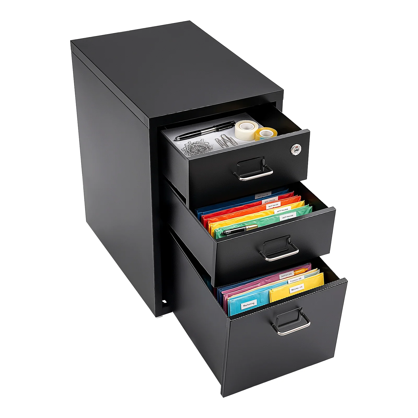 Black Lockable 3-Drawer Mobile File Cabinet Under Desk Rolling Steel Storage Cabinet with Wheels Silent Slide Drawers