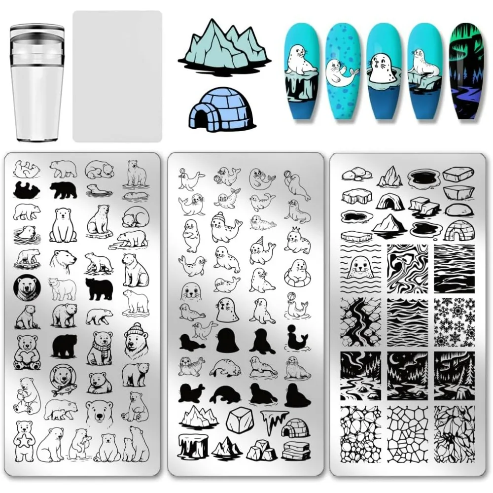 3 plaques de tamponnage pour ongles à motifs animaux polaires, pochoirs pour nail art, plaques d'images pour ongles ours polaire, plaque de tamponnage pour ongles glacier, plaque de tamponnage pour ongles aurora