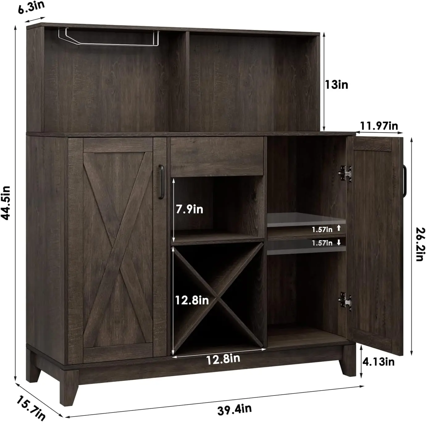 Modern Farmhouse Coffee Bar Cabinet, Barn Doors, Wine Liquor Bar Cabinet com Storage Hutch, Kitchen Sideboard Buffet