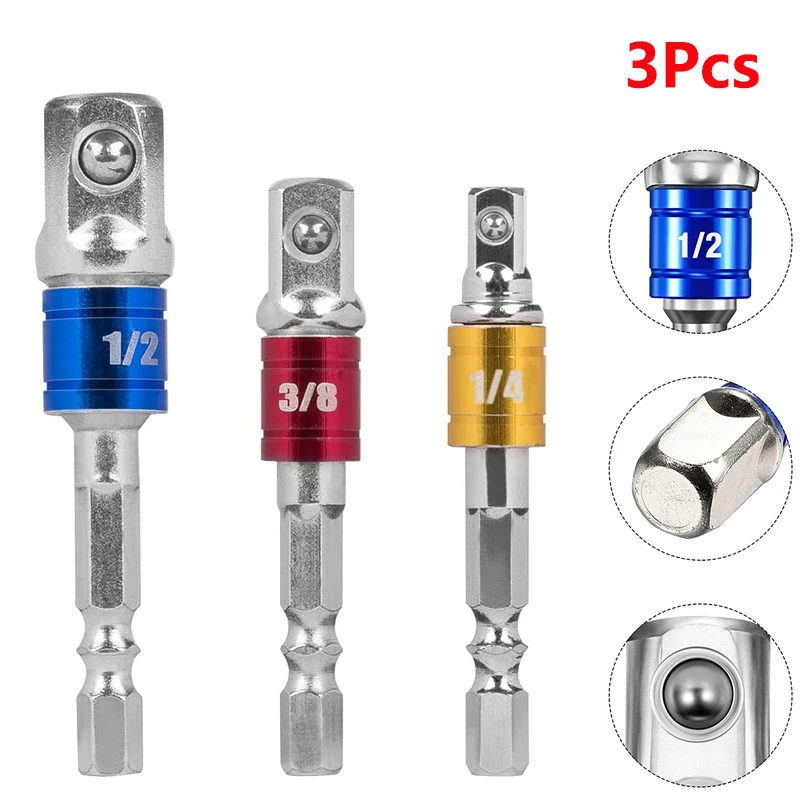 3 Stuks Boor Socket Adapter Klopboormachine Uitbreiding Boren Bar Socket Adapter 1/4 3/8 1/2 Size Hex Shank Vierkante Kop Boor