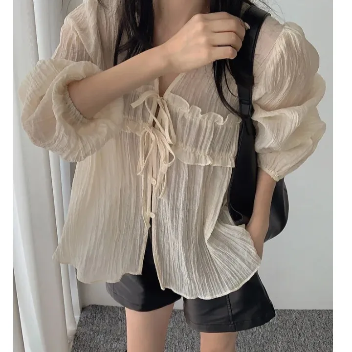 

Women's irt V-Ne Long Sve Tie-Dye Pure Color Turn-down Collar Summer New Sle Fre And Versatile Commute Sle Polye...