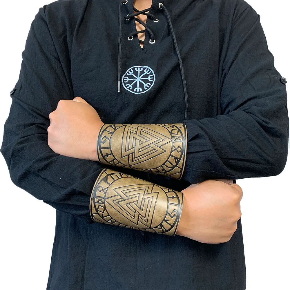 

2022 New Nordic Viking Vegvisir Embossed Arm Bracers Medieval PU Leather Arm Guards Viking Leather Bracers Cosplay Jewelry