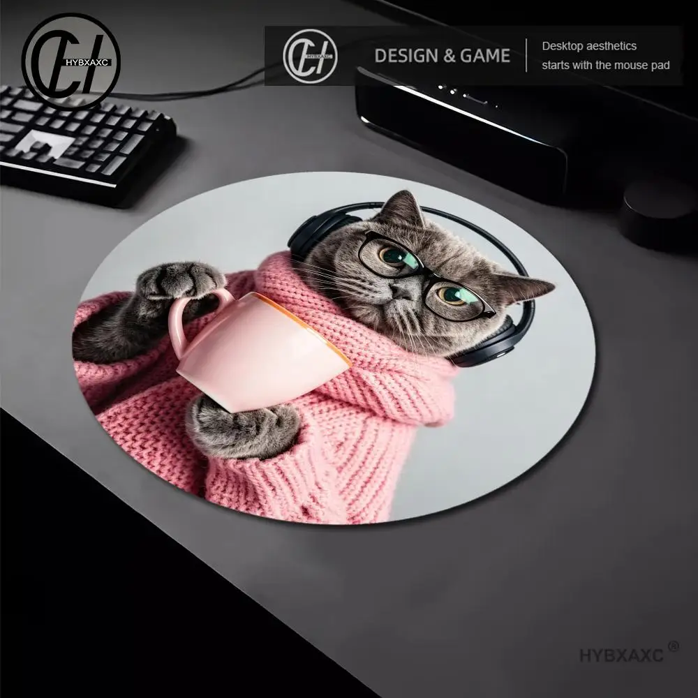 22X22 Random Placement Printed Cat Round Portable Mouse Pad Computer Office DeskMat Durable Non-Slip Thickened Cartoon Table Mat