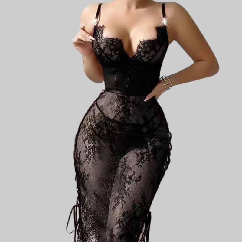 

Tornova сексуальное кружевное нижнее белье для женщин, однотонное прозрачное женское ажурное платье с глубоким вырезом, сексуальное облегающее платье, новинка