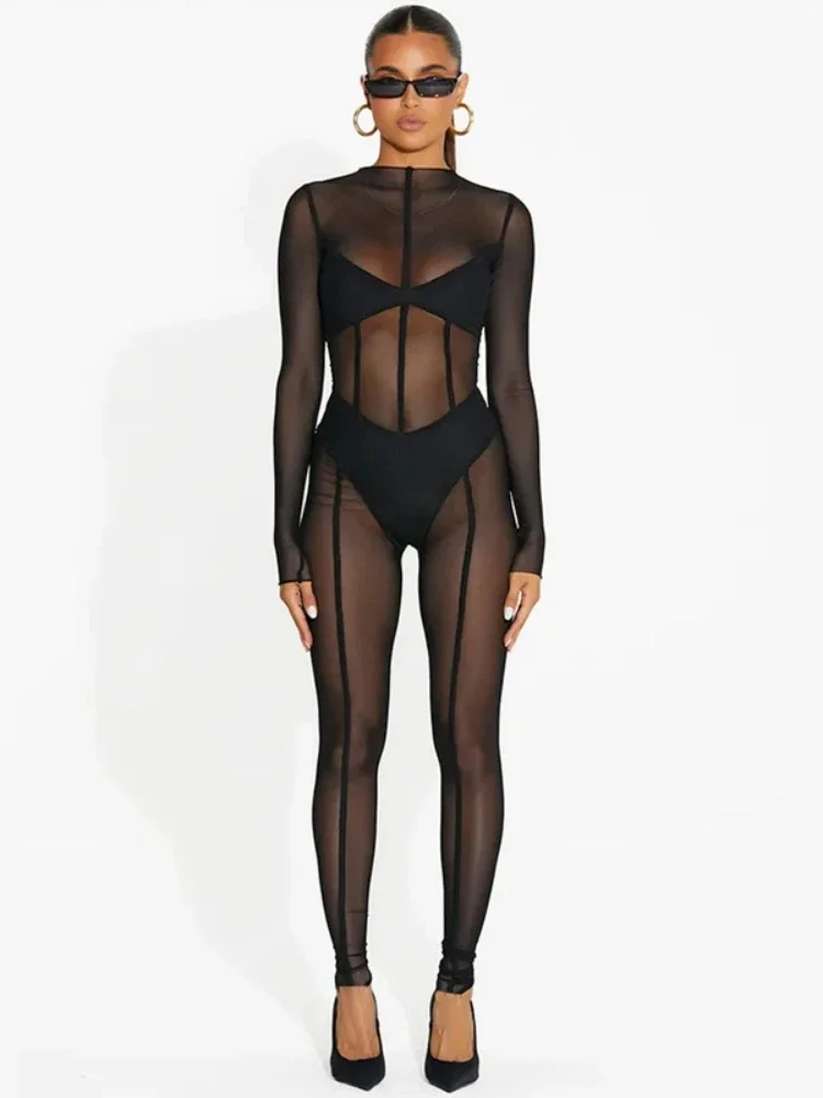 See Through Black Jumpsuit Long Sleeve Bodycon One Piece Outfit Women Sexy Combinaison Femme Mesh Patchwork Enterizos Para Mujer