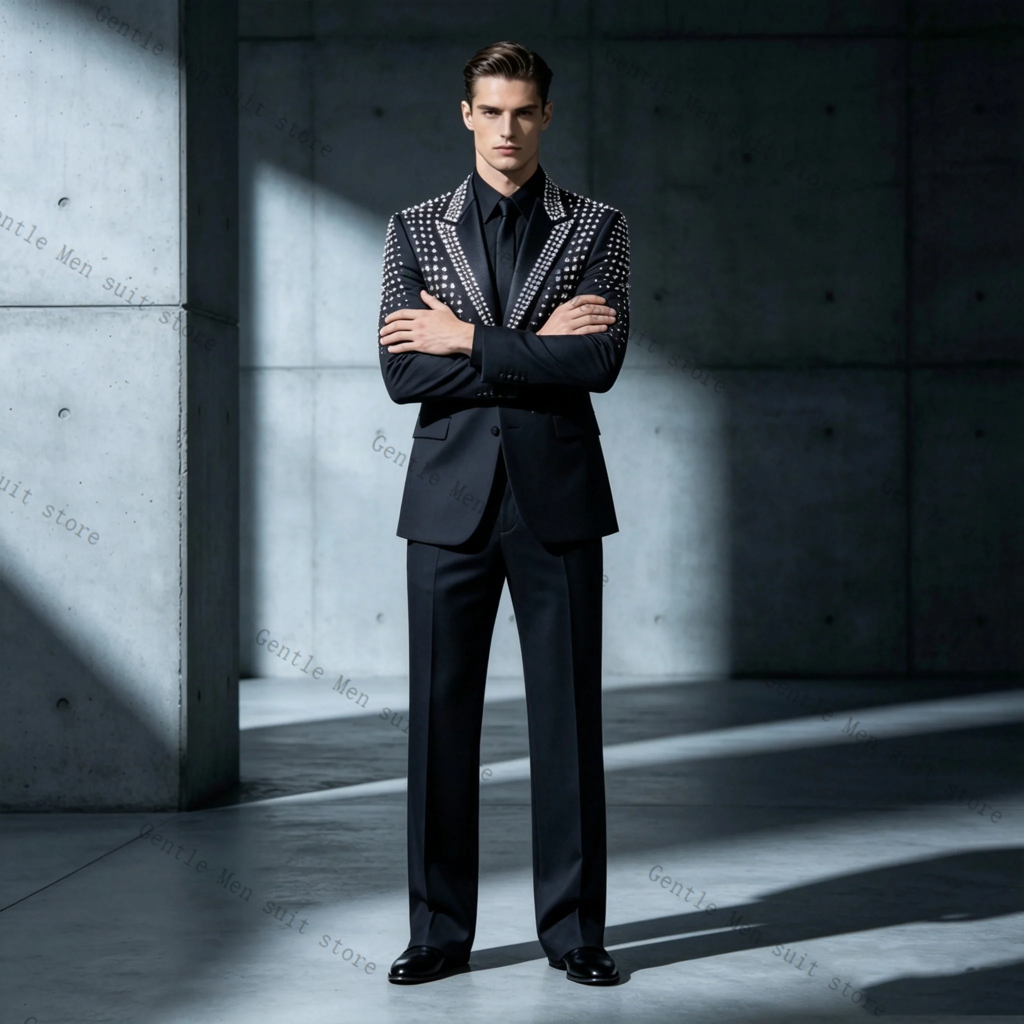 

Crystals Black Spring Men Suit Set 2 Pcs Blazer+Pants Trousers Wedding Tuxedos Formal Office Business Jacket Coat Customized