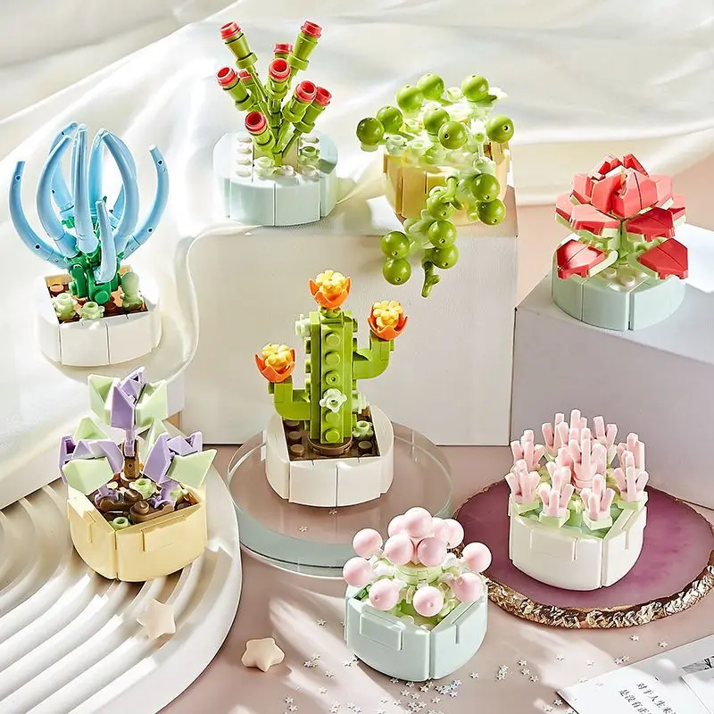 Succulent potted plant ornaments children\'s building blocks potted flowers DIY small particle flower arrangements dried flowers