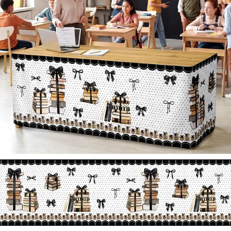 VIKAMA Back to School Black Bow Book Desk Skirt Polka Dot Print Fabric Teacher Classroom Table Cover Decor Table Skirting