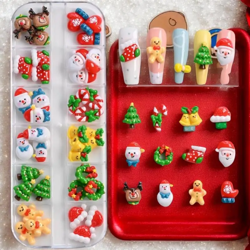 12 Grid 36/60 Pcs Kawaii Mini Snowman Xmas Tree Nail Charms 3D Reindeer Santa Claus Nail Rhinestones Resin Christmas Nail Gems