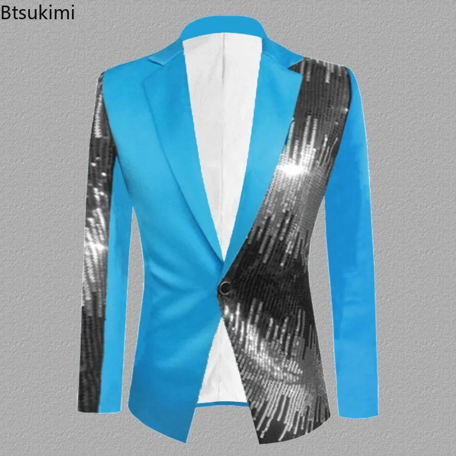 2026 Men's Fashion Sequin Suit Jacket Color Blocking Design Men Luxury Shinny Stage Performance Costume Nightclub Singer Blazers