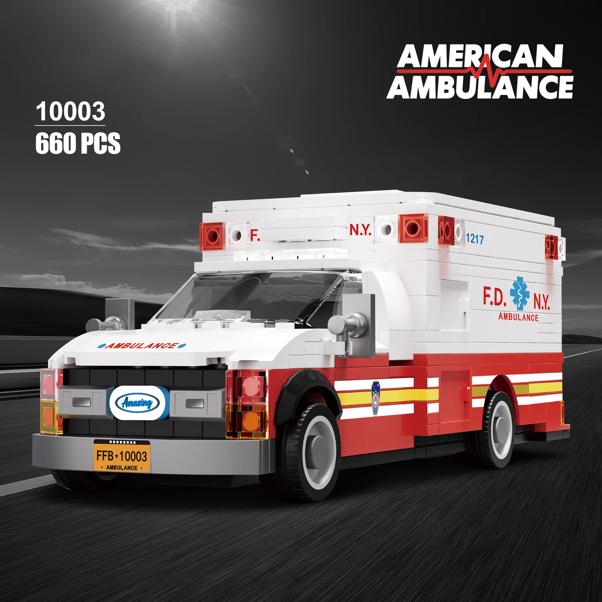 

American-style ambulance building blocks toys car model ornament, realistic car model assembly toy, children's holiday gift.