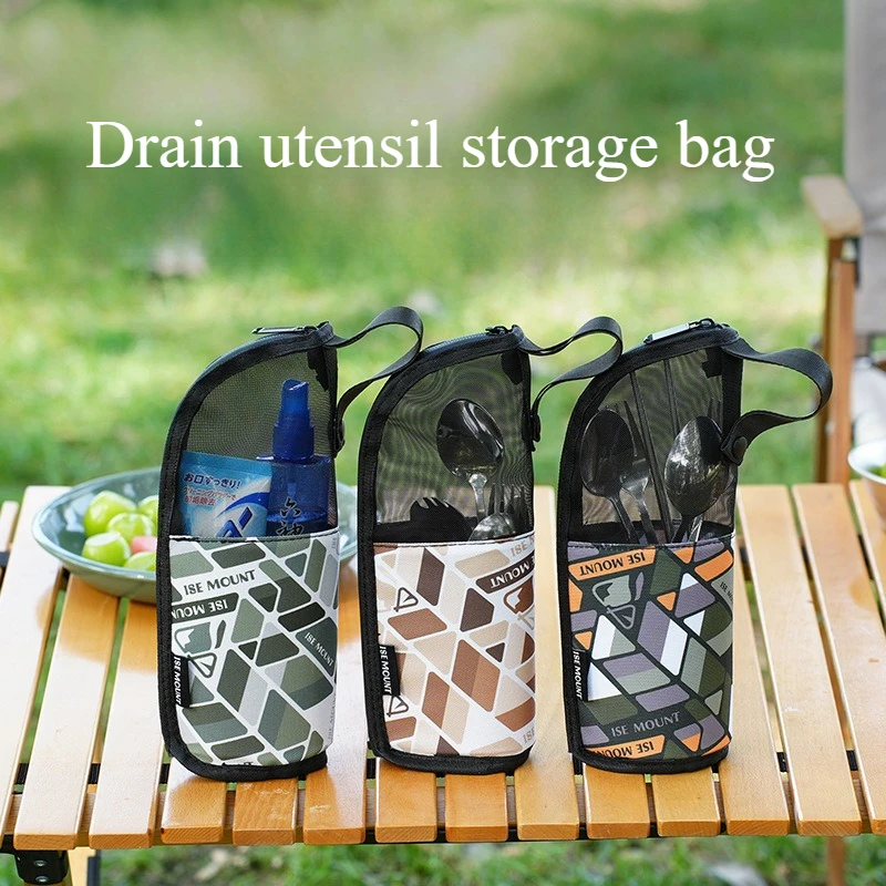 

Portable Drainage Cutlery Bag - Double Mesh Pockets Waterproof Tableware Organizer for Camping, Picnic, Travel Toiletry