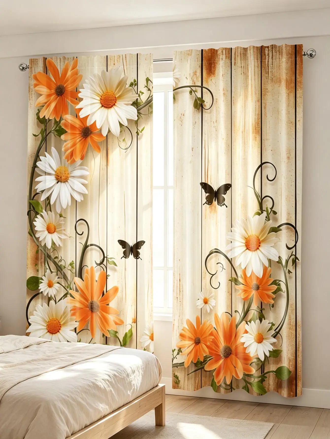 2PCS Digital Print Curtain, Wood Grain Orange White Daisies, Rustic Farmhouse Floral Style for Living Room Bedroom Decor