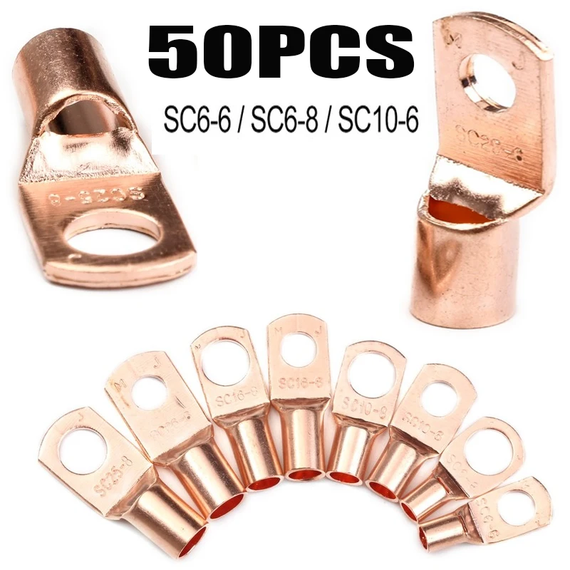 

50Pcs Tinned Copper Ring Lugs Terminals SC6-6/SC6-8/SC10-6 Bolt Hole Bare Cable Electric Crimp Wire Connectors Kit