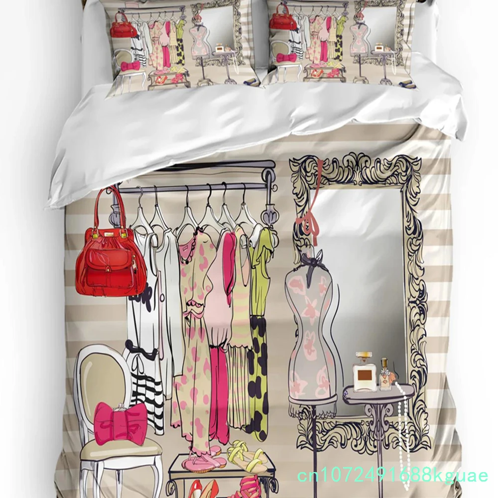 Female Dressing Room Cosmetics Stripes Bedding Set 3pcs Duvet Cover Pillowcase Quilt Cover Double Bed Set Home Textile