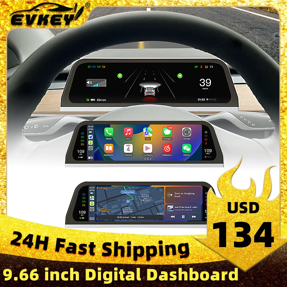 EVKEY-tablero Digital para Tesla Model 3 Y, pantalla IPS automática de 9,66 pulgadas, CarPlay, Android