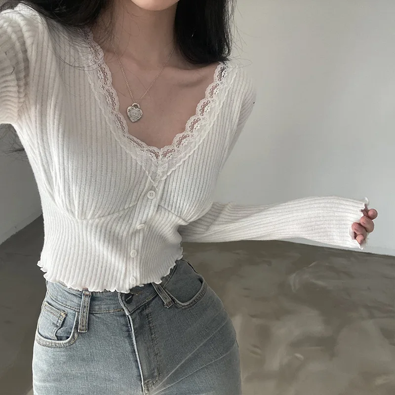 Jersey Sueter Tops Pullover V-neck Lace Edge Waist Knitted Y2k Clothes Grey 2024 Shirts for Women Grunge Sweet Crop Sweater