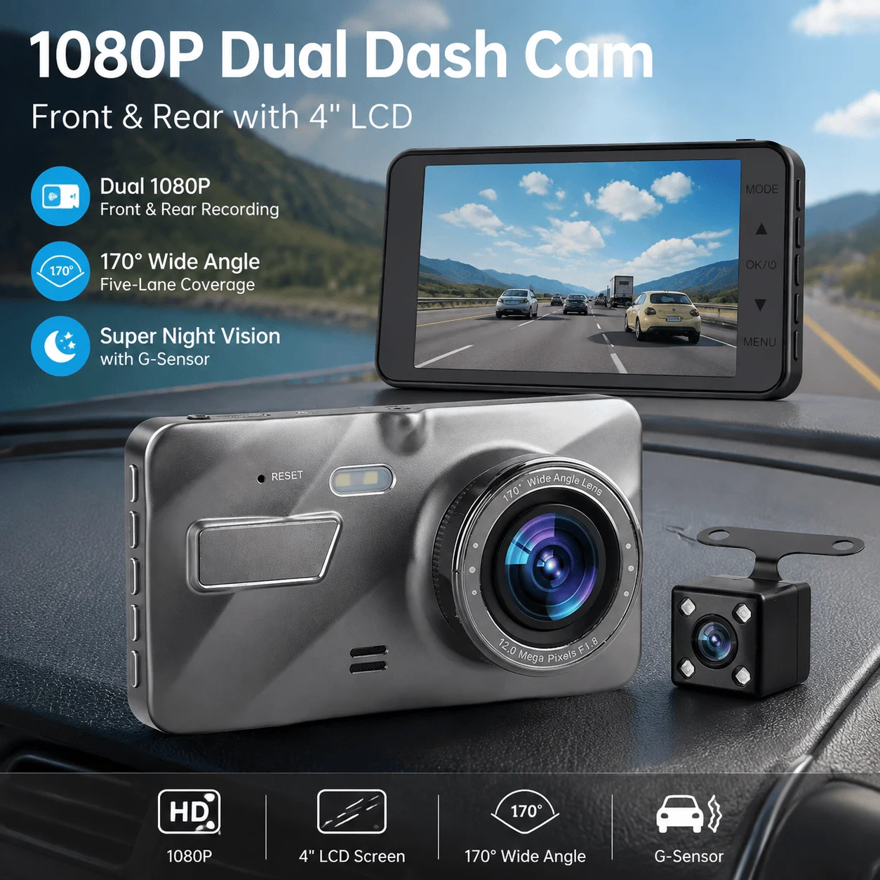 Dash Cam Front Rear 1080P Full HD Dual Camera Car Recorder Super Night Vision 170° Wide Angle G-Sensor 24H Parking Monitor DVR