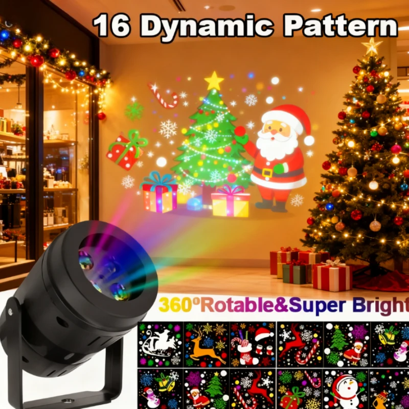 Projektor Świąteczny z 16 Wzorami, Efekt Świetlny na Scenę, Wielodynamiczne Światło Dekoracyjne, Zasilane przez USB, Projekcja na Sufit i Ścianę