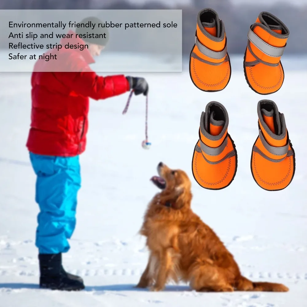 4pcs Four Way Stretch Dog Boots Water Proof Orange Pet Paw Shoes Multi Size Options High Shaft Shape Dog Paw Covers