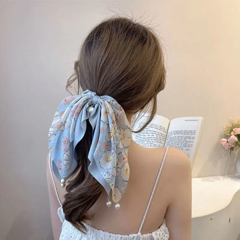 

Beautiful Print Bow Scrunchies Hair Ribbon for Women Elastic Hair Bead Band Girls Horsetail Hairs Ties Hair Accessories