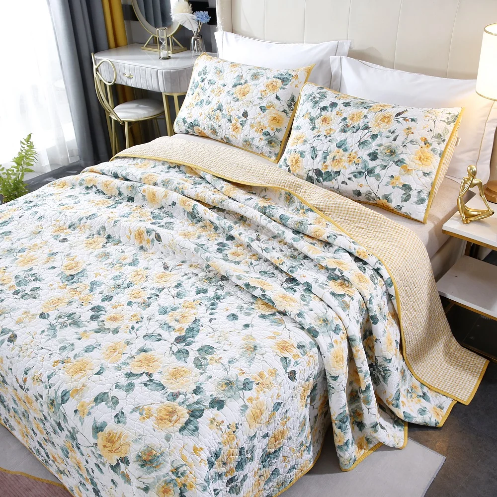 CHAUSUB Printed Quilt Set Cotton Bedspread on the Bed 3PCS Bed Cover for Home King Size Floral Double Blanket in the Bedroom