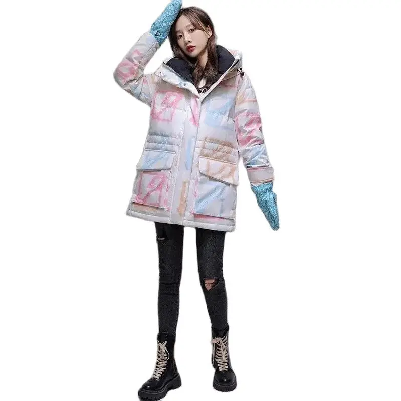 2023 Winter New Korean Version Loose Fit Women's Down Coat Leisure Warmth Colored Plaid Printing Fashion Casual Windproof Coat B