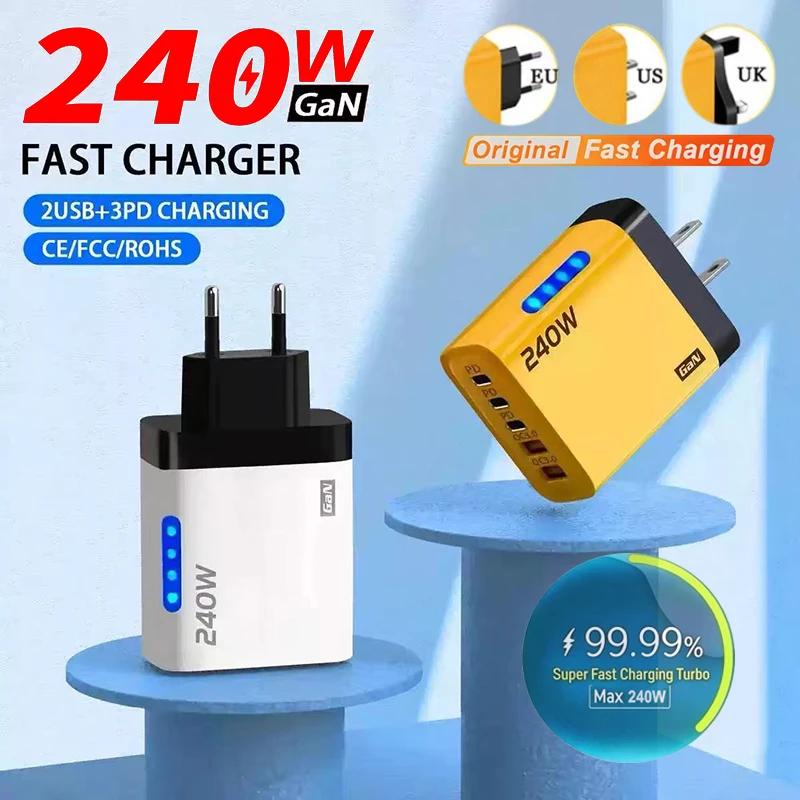 240W 5-in-1 GaN Desktop-Ladegerät Superschnelles Ladeadapter 10A USB auf Typ-C Kabel 3PD 2USB Ladegerät für iPhone 17 Huawei Xiaomi