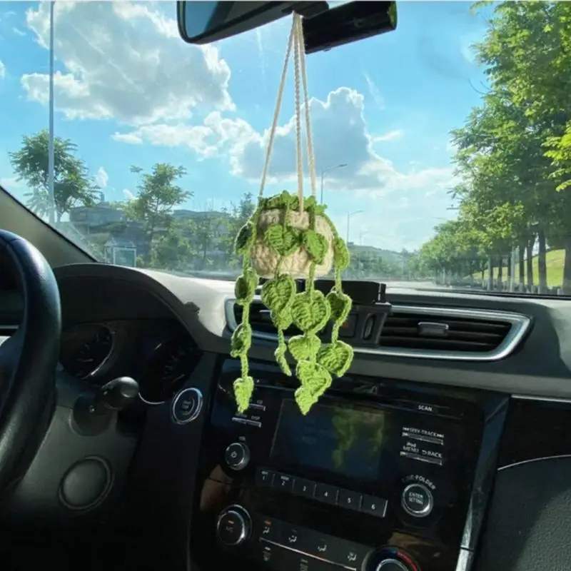 

G2TA Car Mirror Hanging Potted Plants Crocheted Inner Rear View-Mirror Toy Gift