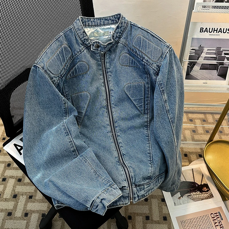 

American Shoulder Padded Denim Jacket For Men Stand Up Collar Zipper Embossed Jackets Fashionable High Street Splicing Coat