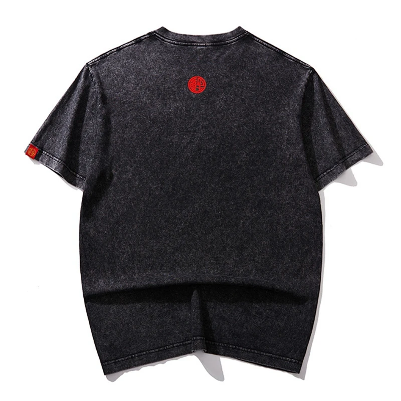 Lyprerazy Chinese Style Fish Koi Embroidery Short-sleeved Men's T-shirt Summer Casual Washed Cotton Vintage T Shirt to Be Rich
