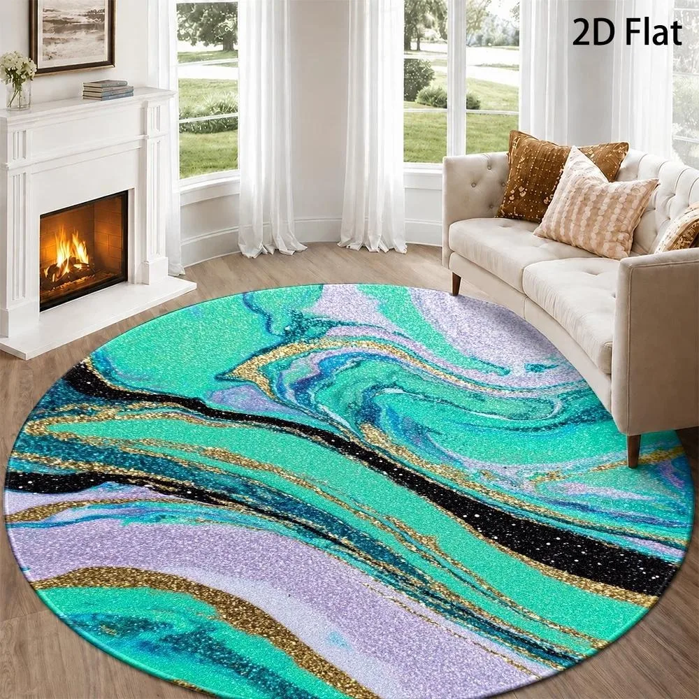 Modern Agate Fluid Round Carpet Teal Purple Golden Swirl Marble Textured Print Circular Floor Rug for Living Room Bedroom