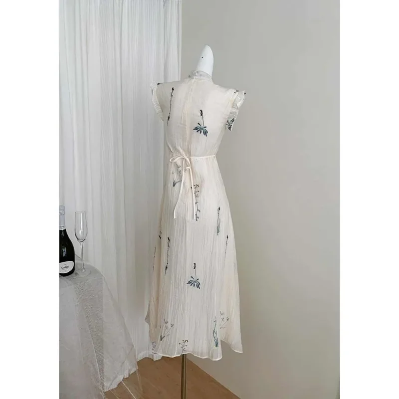 Women's White Embroidered Qipao Maxi Dress with Fringed Shawl Set Chinese Style