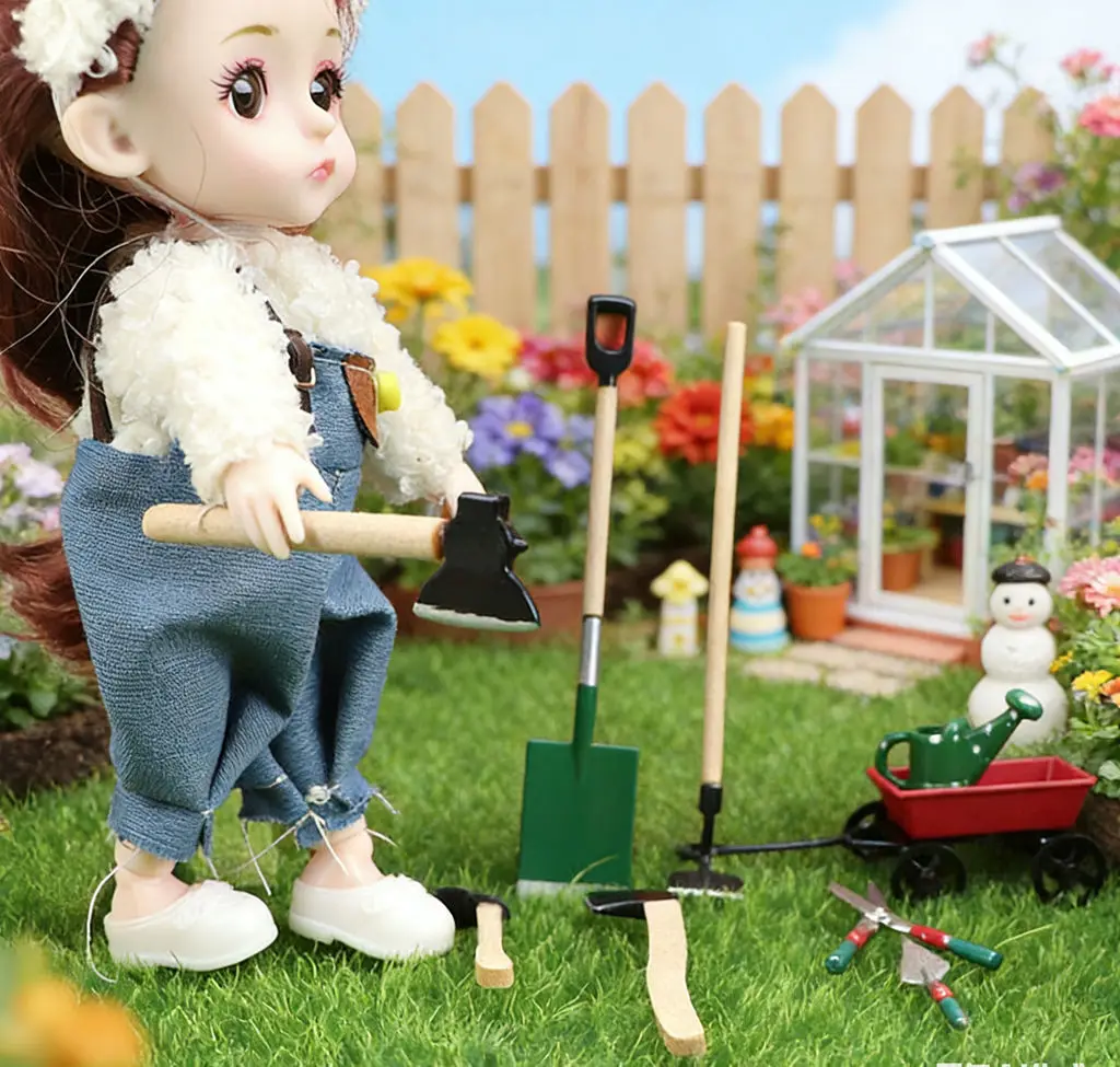

1:12 Dollhouse Garden Scene Model 12pcs Tools Set - Shovel Watering Can Cart Axe, Miniature Farm Tool for Dollhouse Decoration