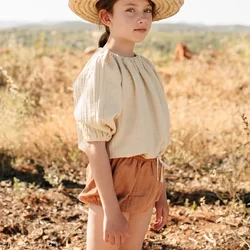 Summer Idyllic Retro Girls T-Shirt 2026 New Children's Solid Round Neck Half Sleeve Casual Cotton Tops Kids Clothes TZ134