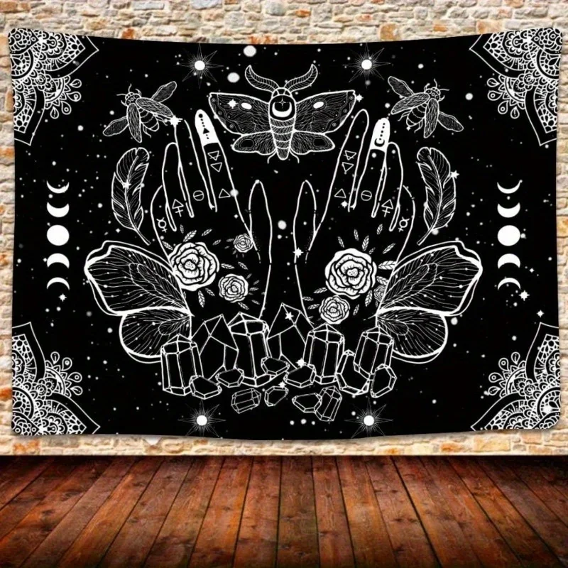 1pc Witchcraft Tapestry Wall Hanging Mystical Mandala Design Moon Magic Hands Moth Crystal Motifs Black White