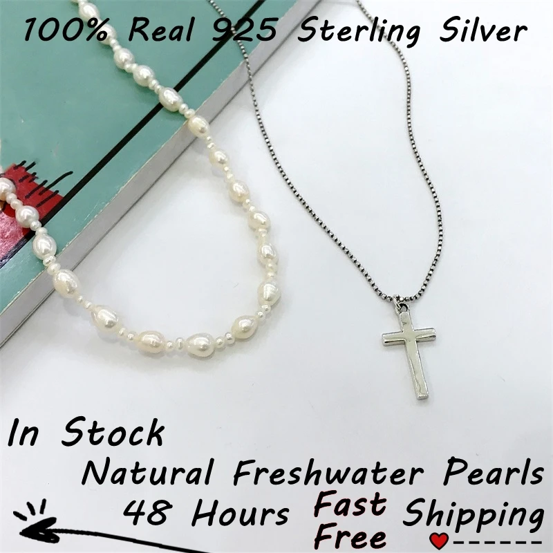 Sterling 925 Silver Jesus Cross Pendant Pearl and Bead Necklace for Men Double Layer Choker Collares Para Mujer Layered Jewelry