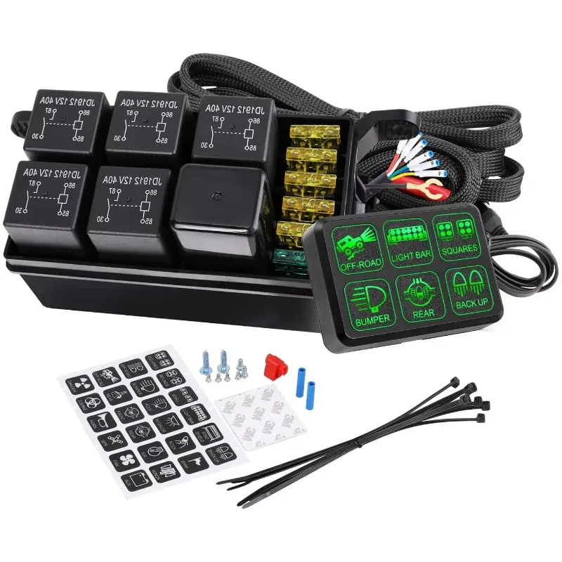 Universal Circuit Relay System 12V 6 Gang Green and Yellow Led Waterproof Car Relay System Switch Panel for Car